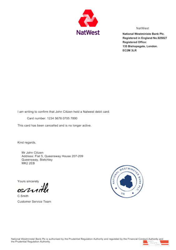 UK NatWest bank Debit Card Cancellation Confirmation Letter